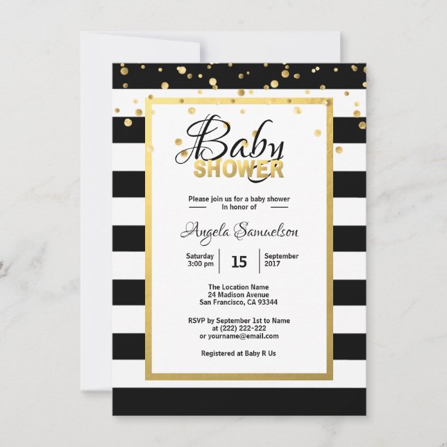 Invitation Baby shower moderne Gold Black White Stripes (Devant)