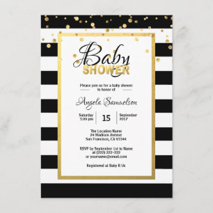 Invitation Baby shower moderne Gold Black White Stripes