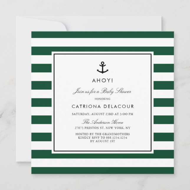 Invitation Baby shower moderne Green Nautical Stripes (Devant)