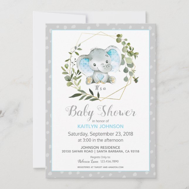 Invitation Baby shower moderne Grey Elephant (Devant)