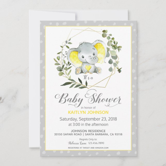 Invitation Baby shower moderne Grey Elephant (Devant)