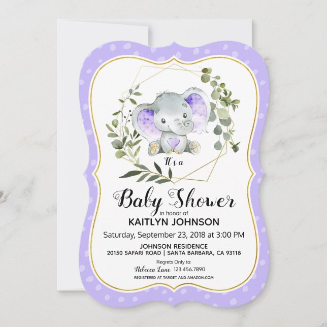 Invitation Baby shower moderne Lavender Elephant (Devant)