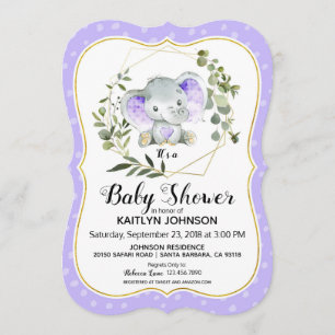 Invitation Baby shower moderne Lavender Elephant
