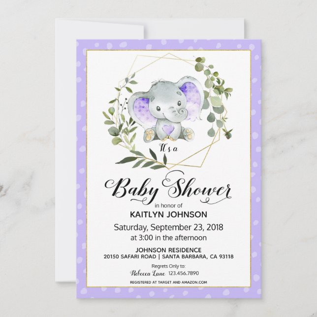 Invitation Baby shower moderne Lavender Elephant (Devant)