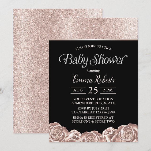 Invitation Baby shower moderne Luxueux Rose d'huile d'or Flor (Devant / Derrière)