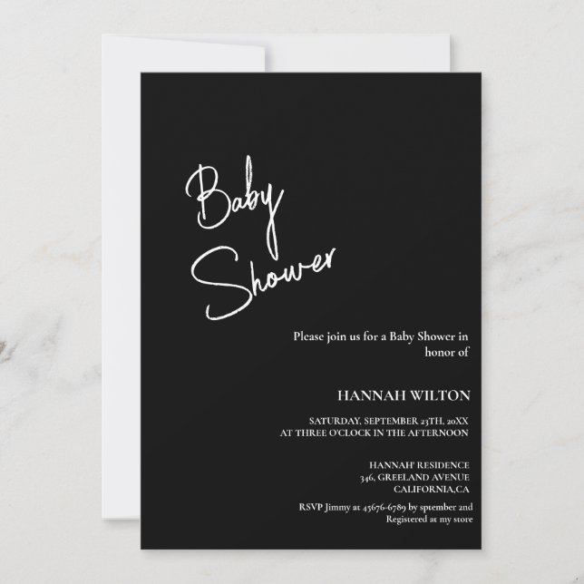 Invitation Baby shower moderne manuscrit noir et blanc (Devant)