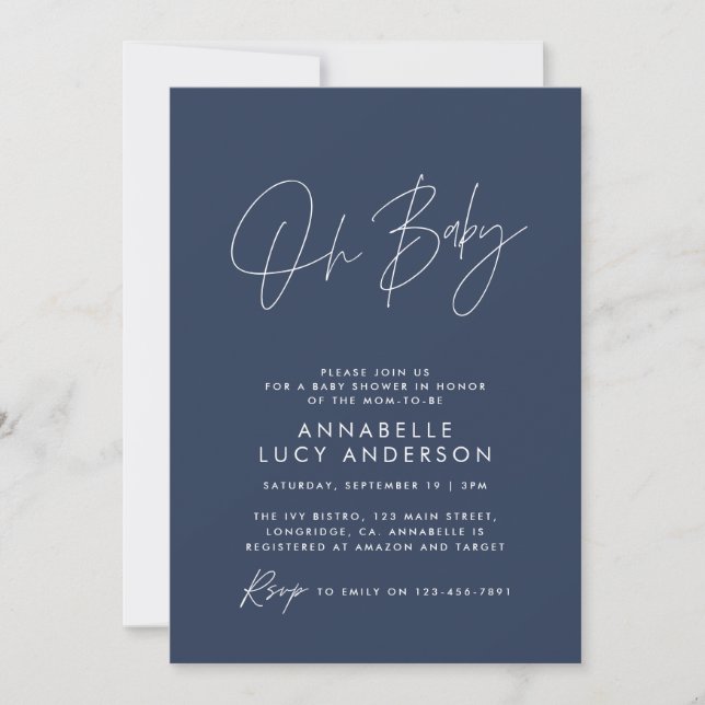 Invitation Baby shower moderne marine bleu élégant photo (Devant)