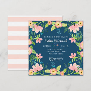 Invitation Baby shower Moderne Marine Rose Floral Aquarelle A