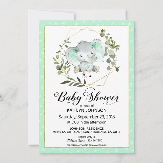 Invitation Baby shower moderne Mint Elephant (Devant)