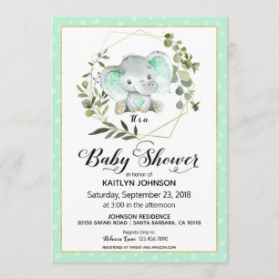 Invitation Baby shower moderne Mint Elephant