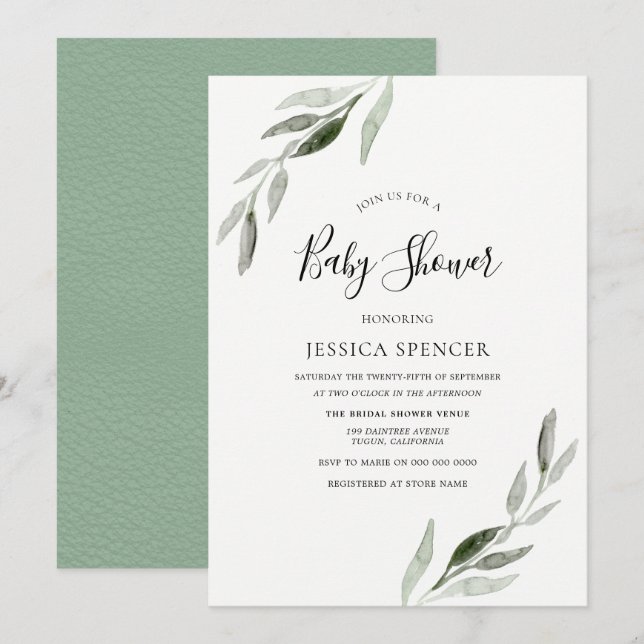 Invitation Baby shower moderne moderne à feuilles vertes Invi (Devant / Derrière)