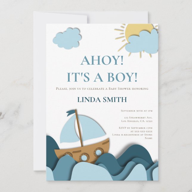 Invitation Baby shower moderne Nautical Blue Boat (Devant)