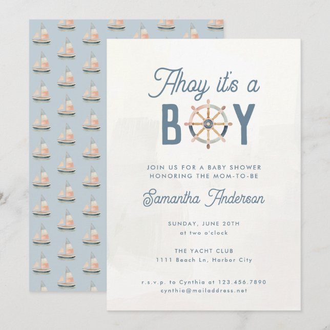 Invitation Baby shower moderne Nautical Blue Pastel Boy (Devant / Derrière)