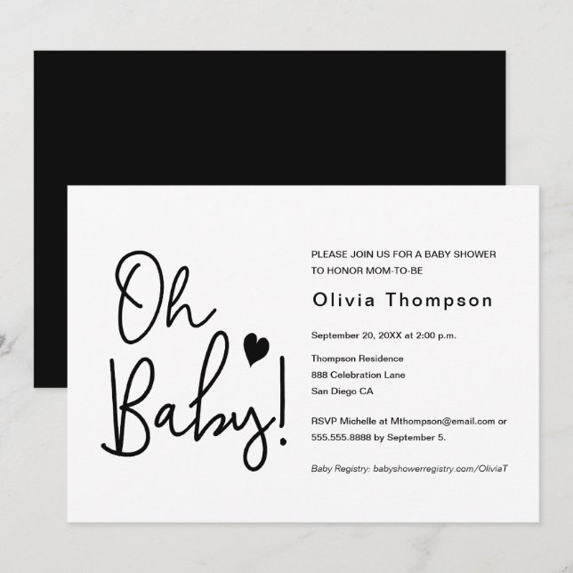 Invitation Baby shower moderne noir et blanc Personnalisé Oh  (Devant / Derrière)