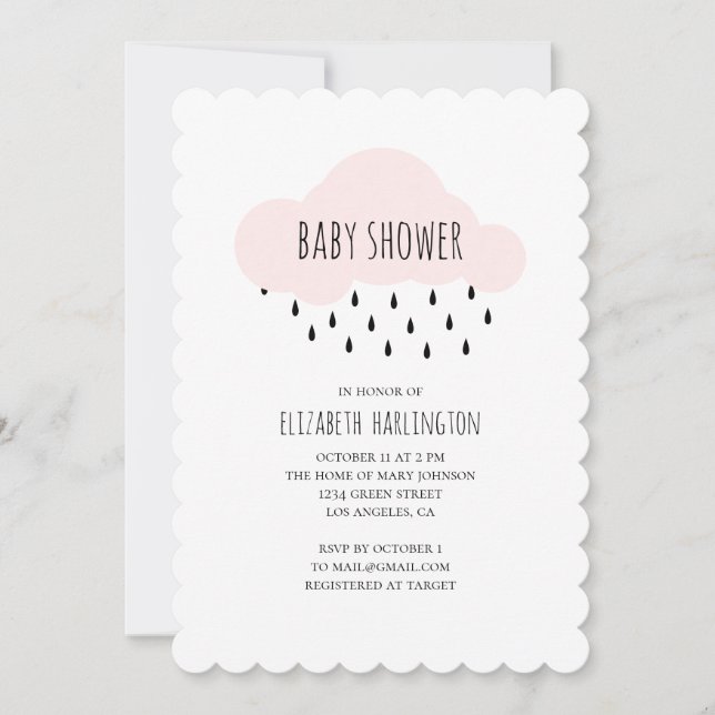 Invitation baby shower moderne. Nuage rose (Devant)