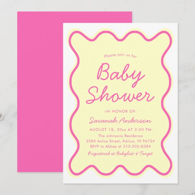 Invitation Baby shower moderne ondulé rétro rose jaune (Devant / Derrière)