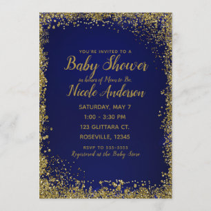 Invitation Baby Shower Moderne Pailleté Bleu Royal et Or Glam