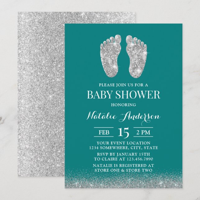 Invitation Baby shower moderne Parties scintillant argent  pi (Devant / Derrière)