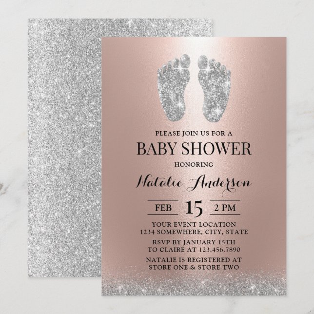 Invitation Baby shower Moderne Parties scintillant Argent Pie (Devant / Derrière)