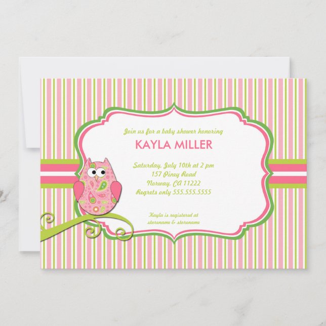 Invitation Baby shower moderne Pink & Green Paisley Owl Invit (Devant)