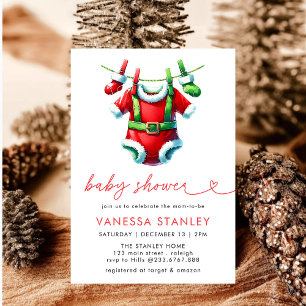 Invitation Baby shower moderne Red Winter Christmas Père Noël