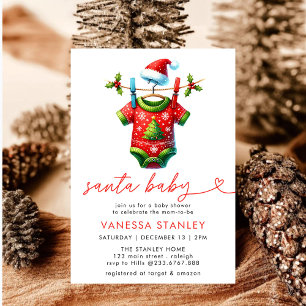 Invitation Baby shower moderne Red Winter Christmas Père Noël