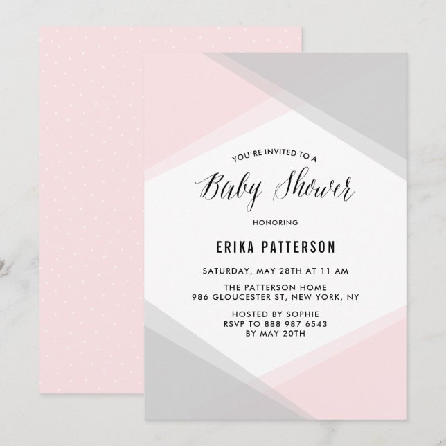 Invitation Baby shower moderne rose et gris Abstrait (Devant / Derrière)