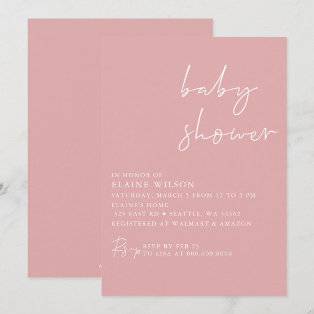 Invitation Baby shower moderne rose simple élégant (Devant / Derrière)