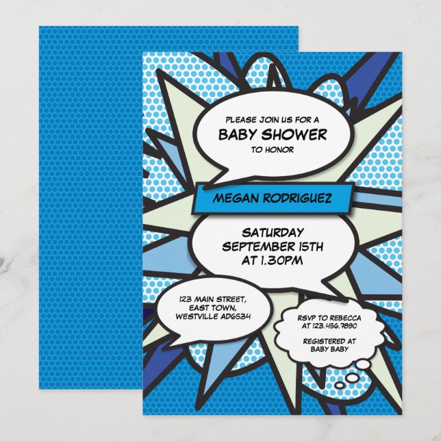Invitation Baby shower moderne Saupoudrer Boy Blue Comic Book (Devant / Derrière)