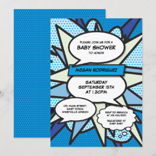 Invitation Baby shower moderne Saupoudrer Boy Blue Comic Book