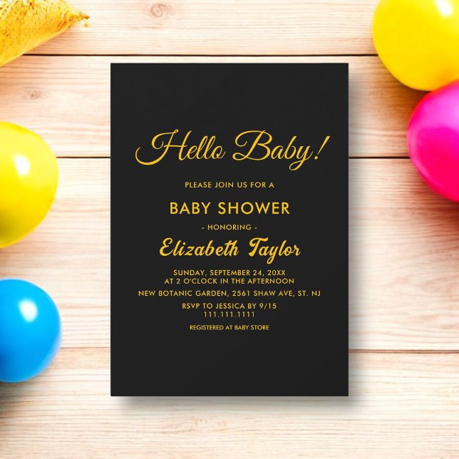Invitation Baby shower Moderne Simple Noir Et Or Élégant (Créateur téléchargé)