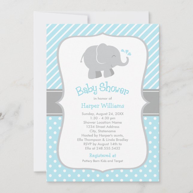 Invitation Baby shower moderne Sky Blue et Grey Elephant Boy (Devant)