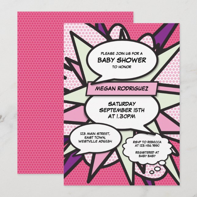 Invitation Baby shower moderne Sprinkle Girl Rose Comic Book (Devant / Derrière)