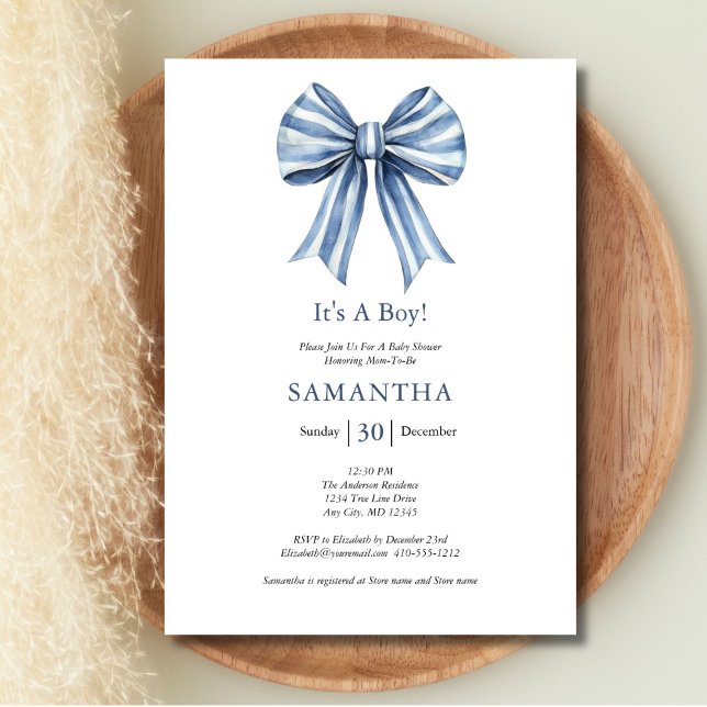 Invitation Baby shower moderne tendance Blue Bow Boy Boy (Blue Bow Boy Baby shower invitation. Printed or Instant digital download)