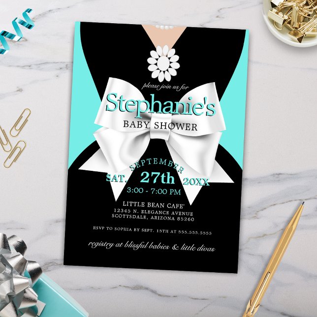 Invitation Baby shower moderne tendance Glam Aqua Tiffany (Elegant Aqua Tiffany Theme Baby Shower Invitation with Fancy White Bow & Little Black Dress)