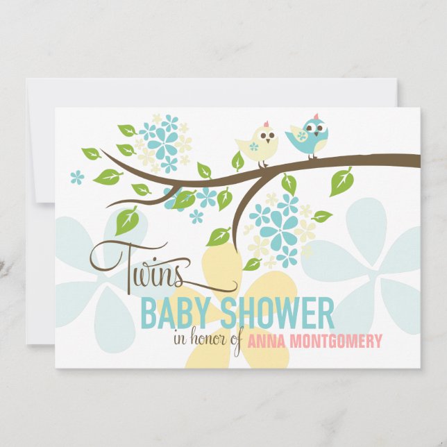 Invitation Baby shower moderne Twins Boys Cute Birds & Flower (Devant)