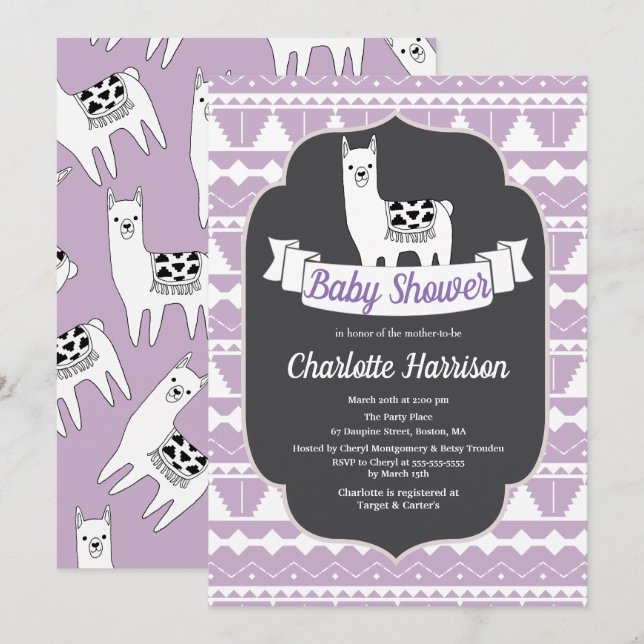 Invitation Baby shower moderne violet blanc Aztec Llamas (Devant / Derrière)
