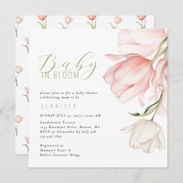 Invitation Baby shower moderne Watercolor Tulip (Devant / Derrière)