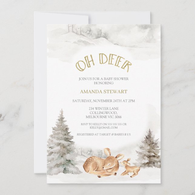 Invitation Baby shower moderne Winter Oh Deer Fawn (Devant)