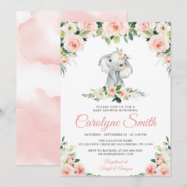 Invitation Baby shower modifiable rose floral (Devant / Derrière)