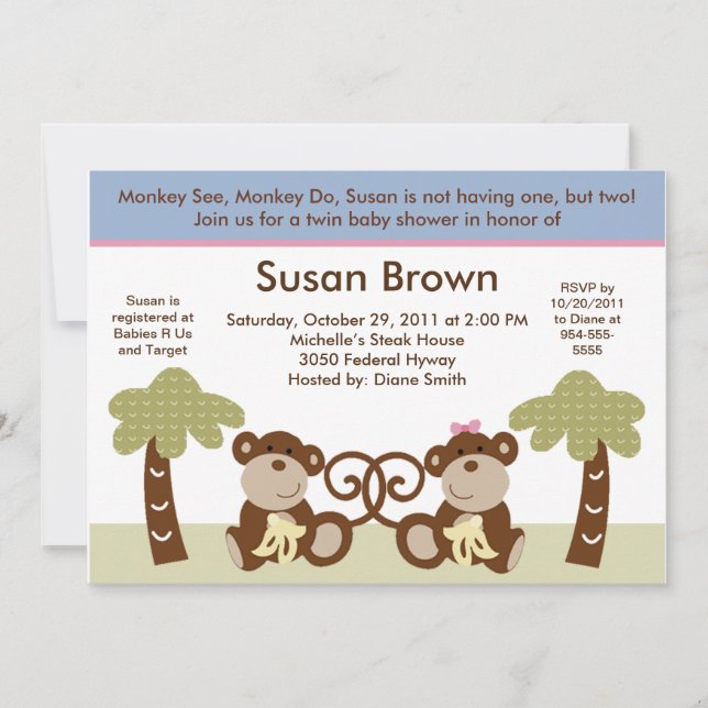 Invitation Baby shower Monkey Time Twins (Devant)