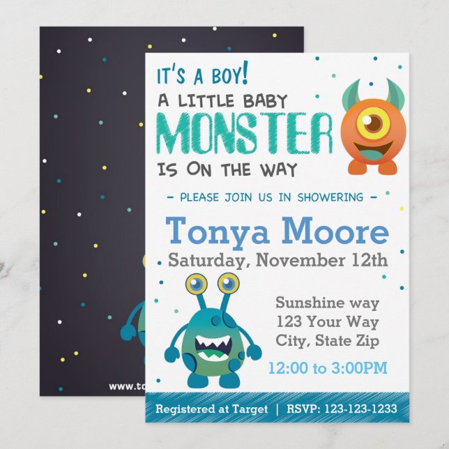 Invitation Baby shower Monster Boy (Devant / Derrière)