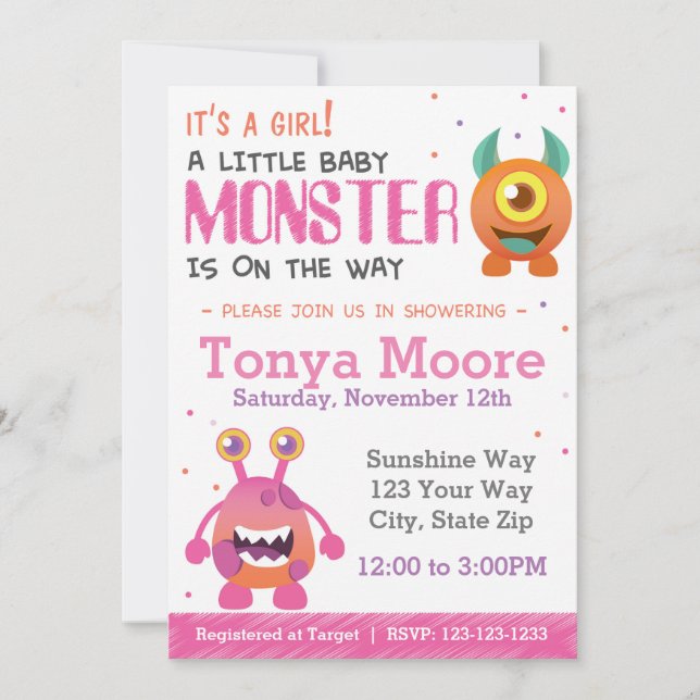 Invitation Baby shower Monster Girl (Devant)