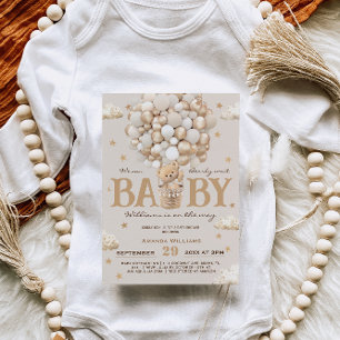 Invitation Baby Shower Montgolfière Ours en Peluche Or Tan