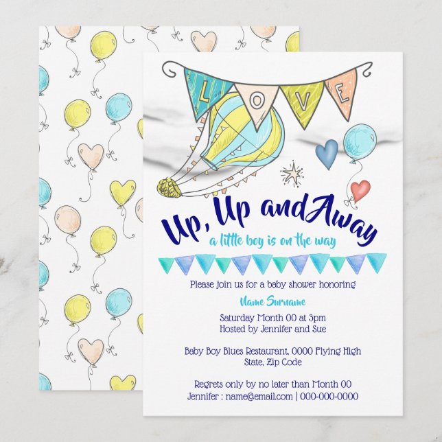 Invitation Baby shower montgolfière voyageant drapeaux pour g (Devant / Derrière)