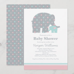 Invitation Baby shower Mother Elephant rose et points Aqua