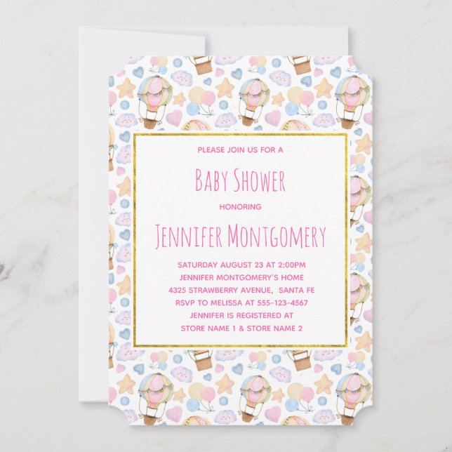 Invitation Baby shower Motif d'aquarelle à ballon chaud (Devant)