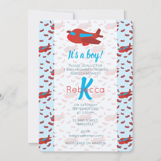 Invitation Baby shower Motif d'avion rouge bleu (Devant)