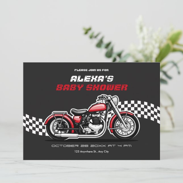 Invitation Baby shower moto classique (Debout devant)