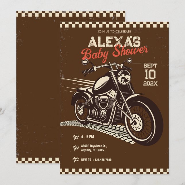 Invitation Baby shower moto vintage classique (Devant / Derrière)